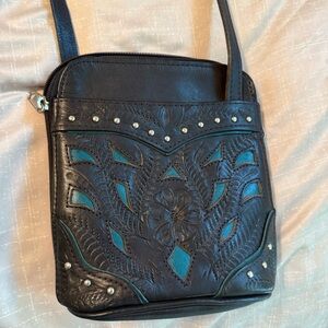 Black and Teal Leather Crossbody Bag western rodeo equestrian made in Paraguay
